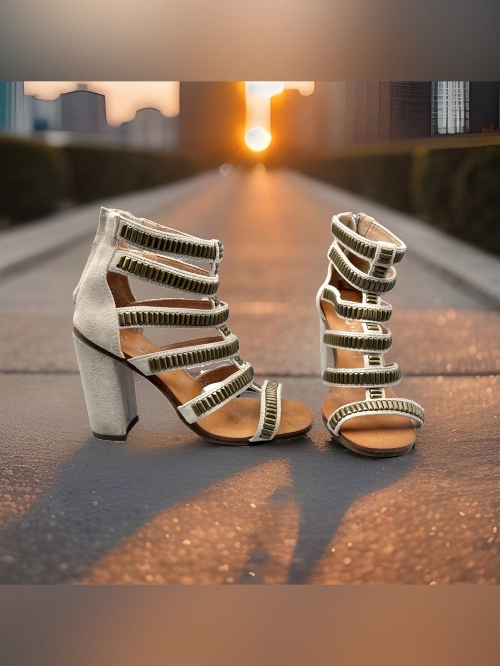 Jeffrey Campbell Havana Last Suede Beaded Strap 4” Block Heel Sandals Size 8